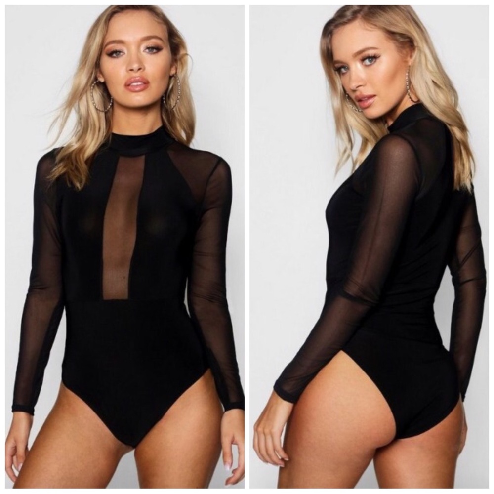 Boohoo Black Mesh Long Sleeve Bodysuit